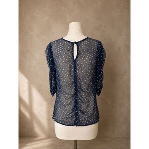 FRAME Sheer Navy Polka Dot Ruched Puff Sleeve Top